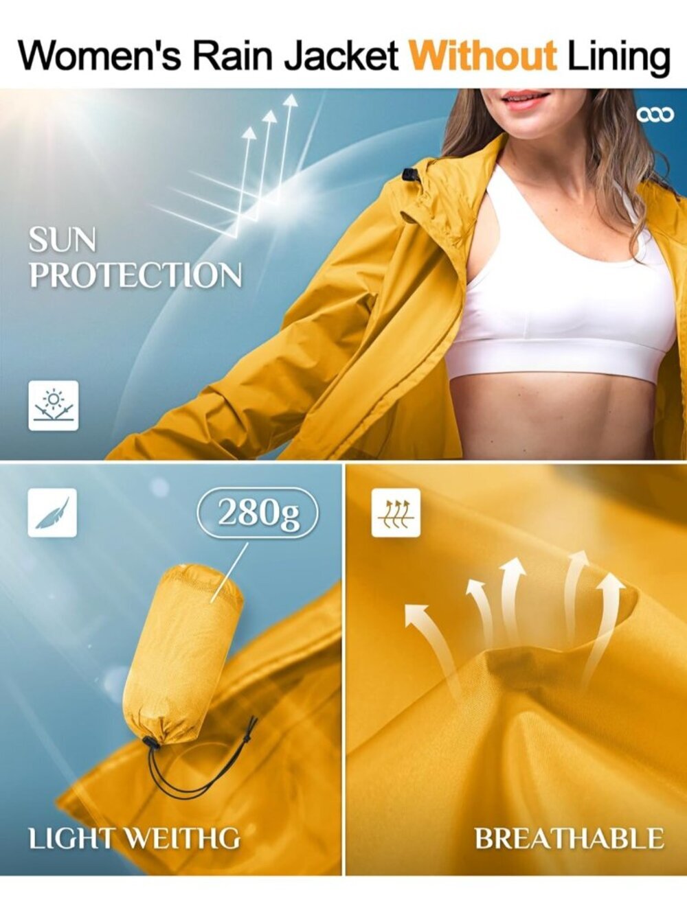 Women's Waterproof Long Packable Rain Jacket Amber Gold with Hood Trench Coats - Picture 4 of 6